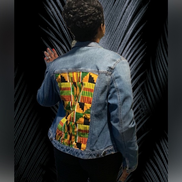 Custom designed denim jacket with African print tribute on back - Picture 4 of 4